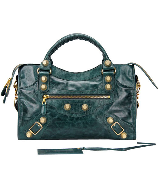 Balenciaga Motorcycle City Bag in pelle blu verde olio oro Na